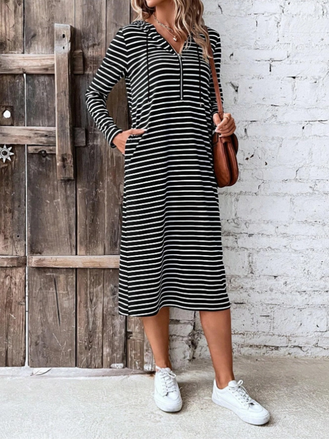 The Casual Striped Zip Front Hooded Dress