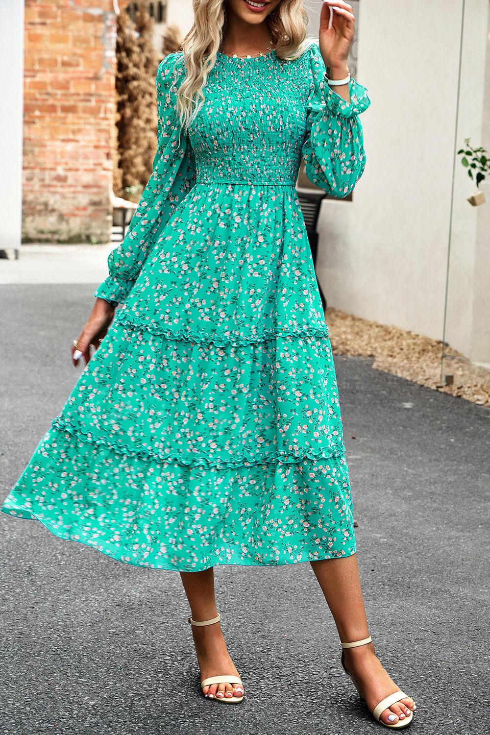 The Sweet Smocked Flounce Sleeve Midi Dress