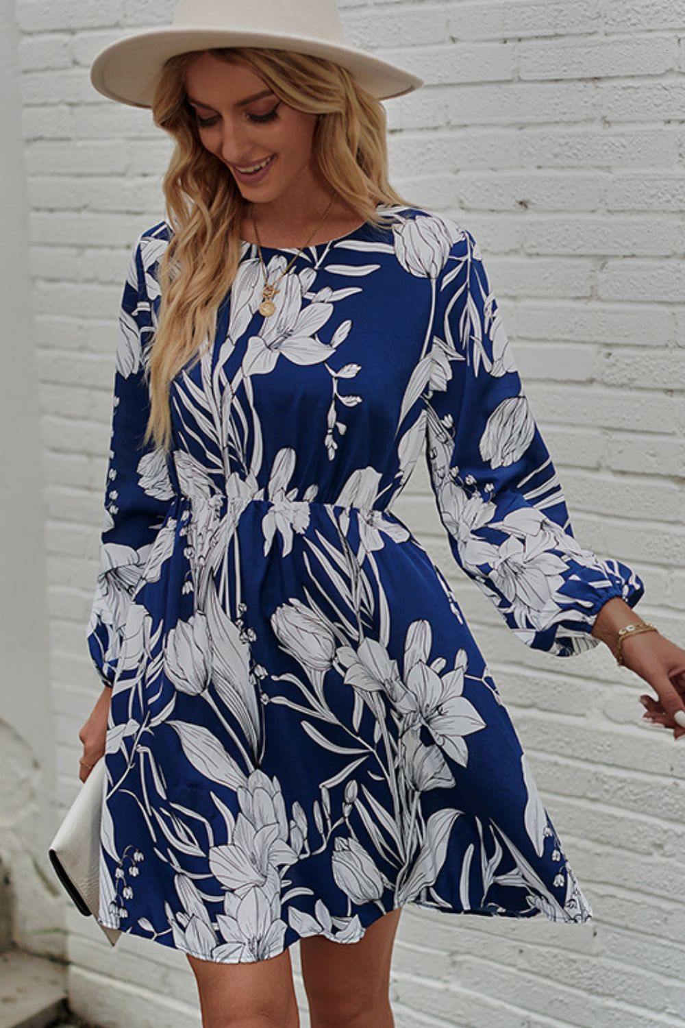 The Silk Navy Floral Balloon Sleeve Dress