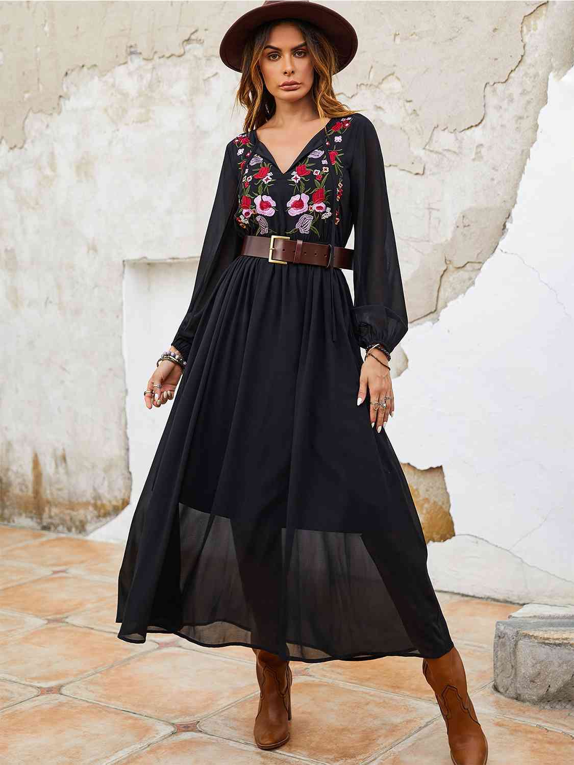 The Flower Tie Neck Balloon Sleeve Dress