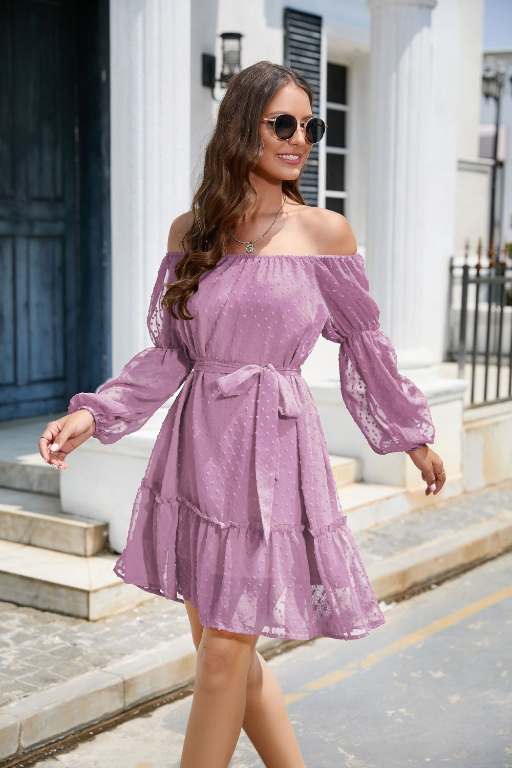 The Swiss Dot Off-Shoulder Balloon Sleeve Dress