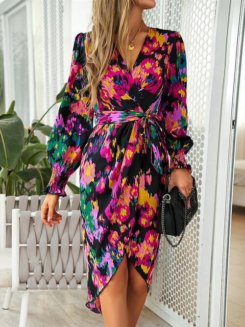 The Printed Tie Front Lantern Sleeve Dress