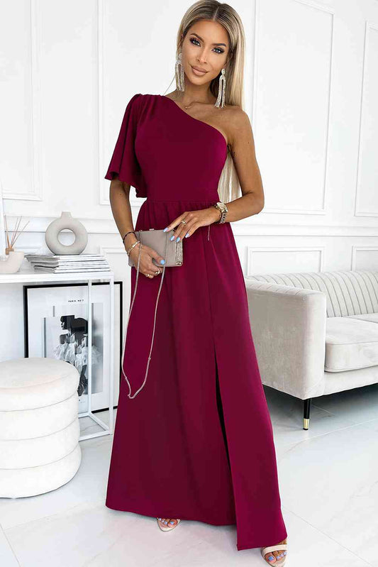 The Deep Red One-Shoulder Flutter Sleeve Dress