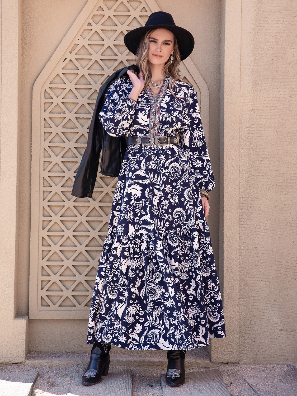 The Navy Notched Neck Maxi Dress