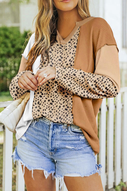 The Color Block Leopard Notched Blouse