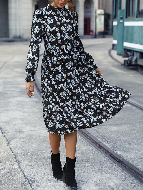 The Floral Mock Neck Flounce Sleeve Dress