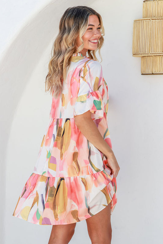 The Peach Tie Neck Flounce Sleeve Mini Dress