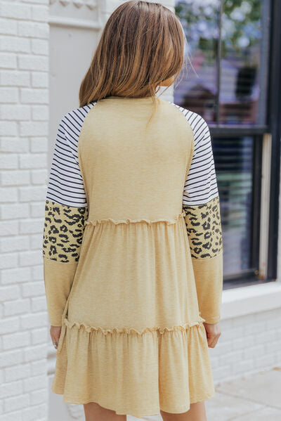 The Frill Striped Leopard Round Neck Mini Dress