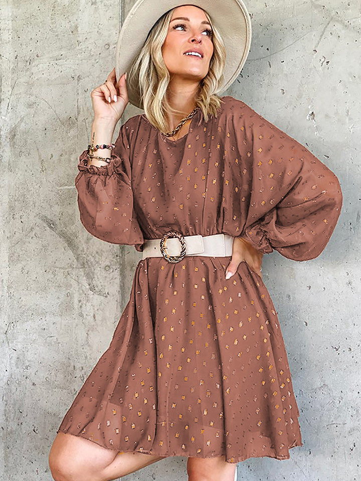 The Ochre Shimmer Lantern Sleeve Printed Dress