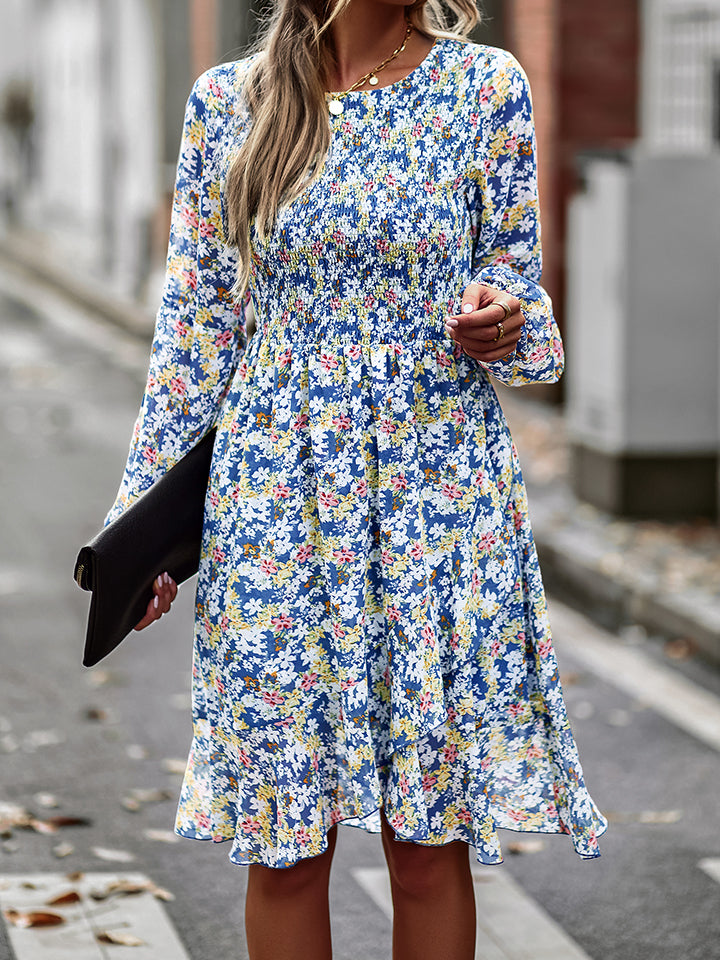 The Printed Round Neck Long Sleeve Smocked Dress