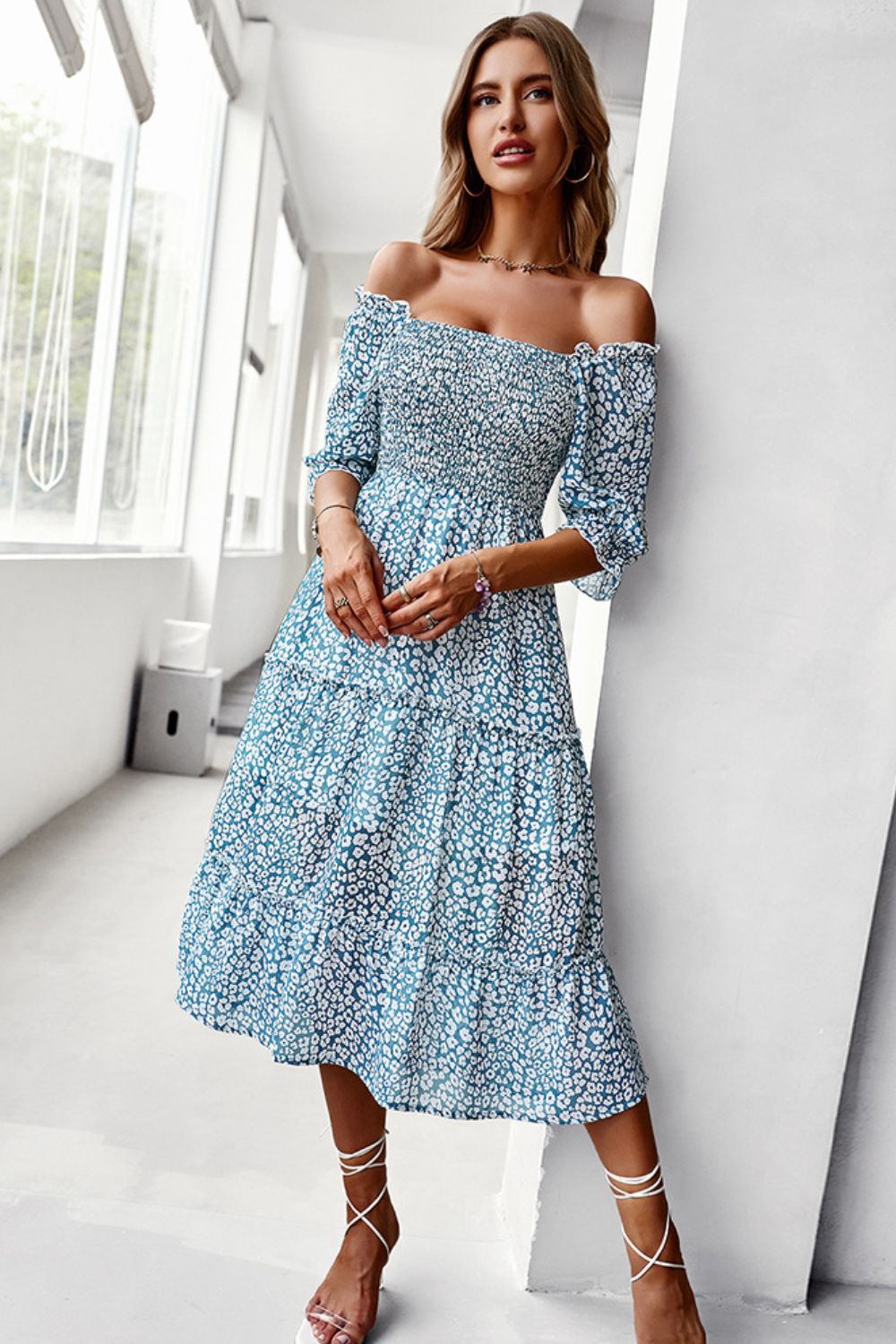 The Deep Teal Floral Off-Shoulder Midi Dress