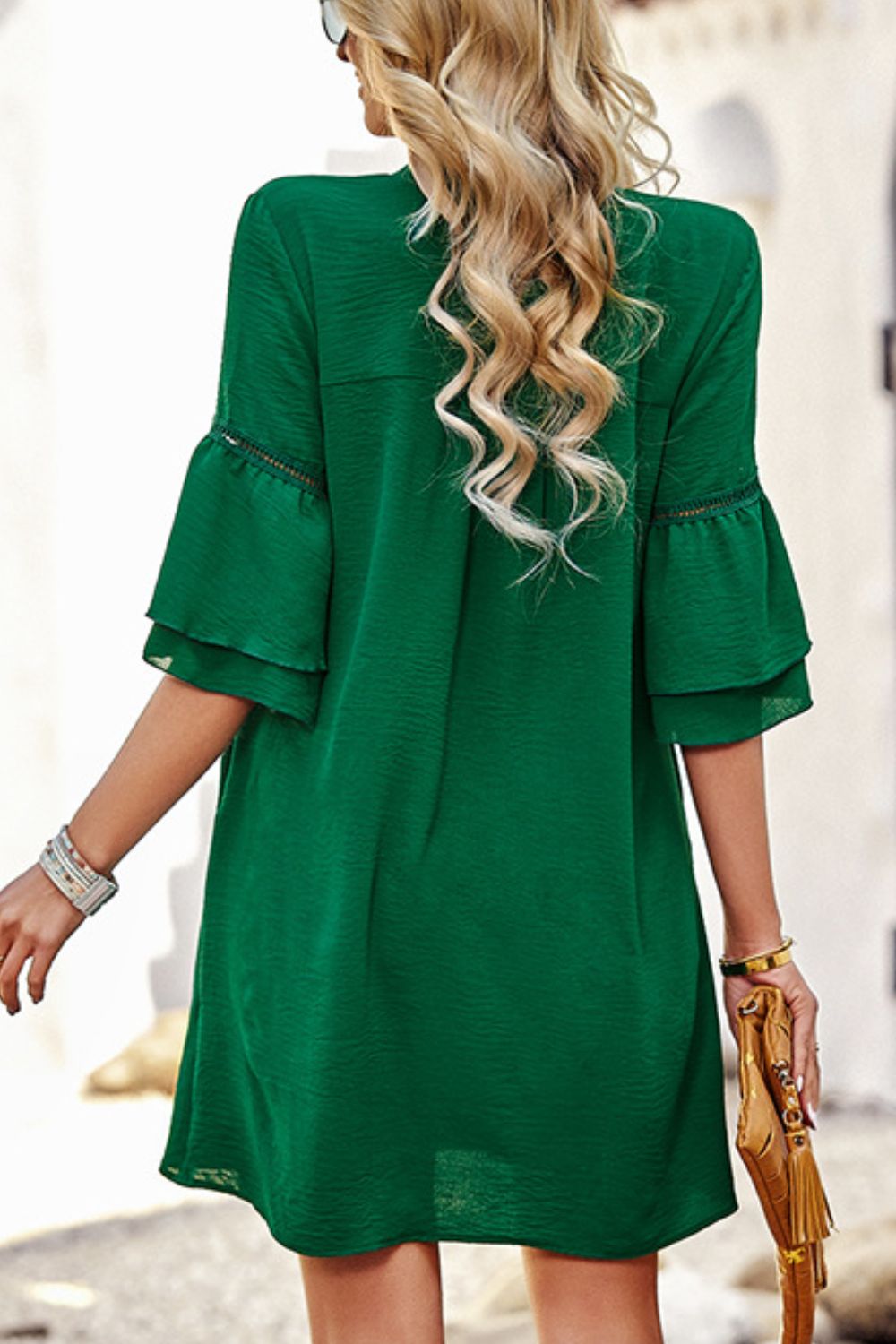 The Notched Neck Flare Sleeve Pocket Dress