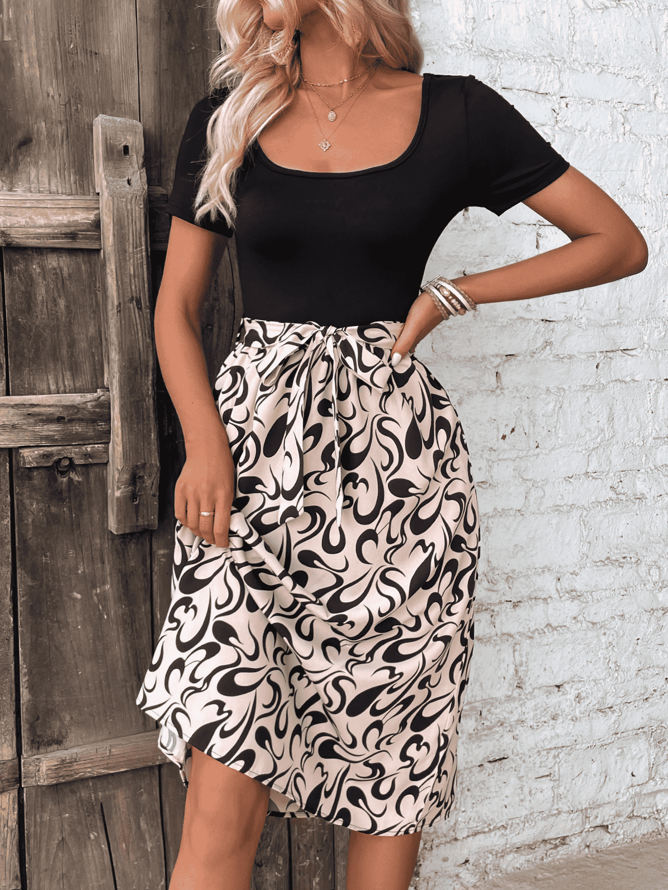 The Black & White TPrinted Tie Waist Dress