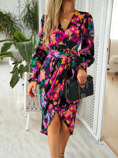 The Printed Tie Front Lantern Sleeve Dress