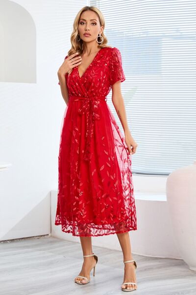 The Sequin Leaf Embroidery Tie Front Dress