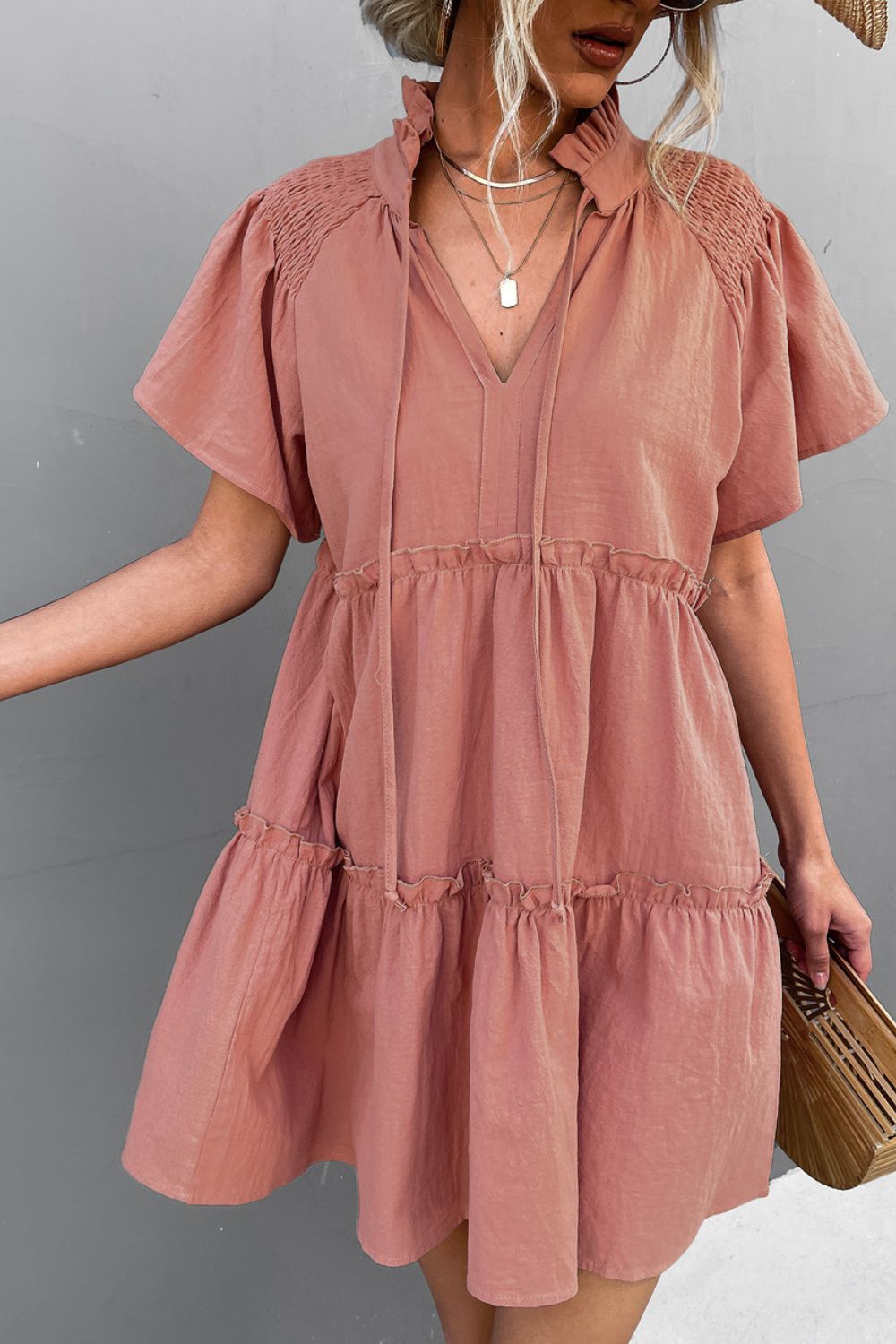 The Self-Love Smocked Tie Neck Dress