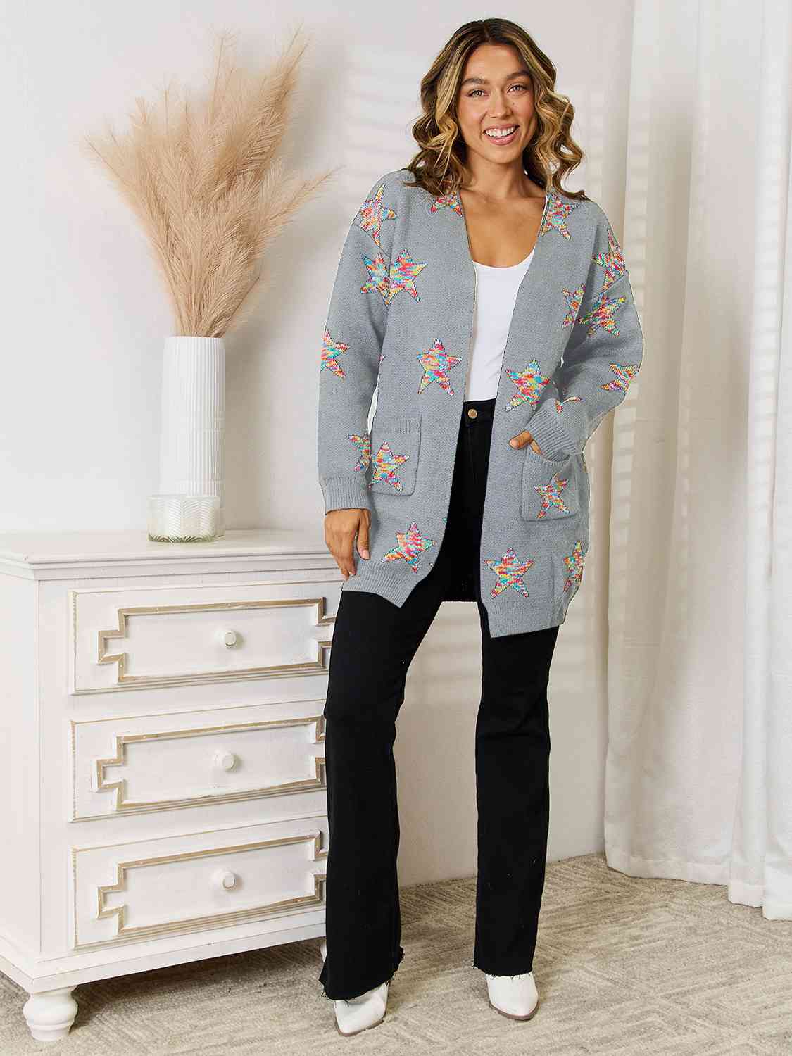 The Star Pattern Open Front Cardigan with Pockets