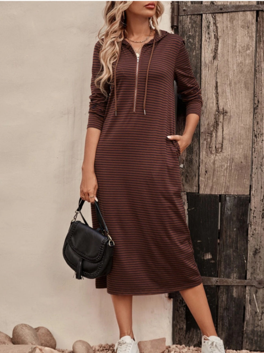 The Casual Striped Zip Front Hooded Dress