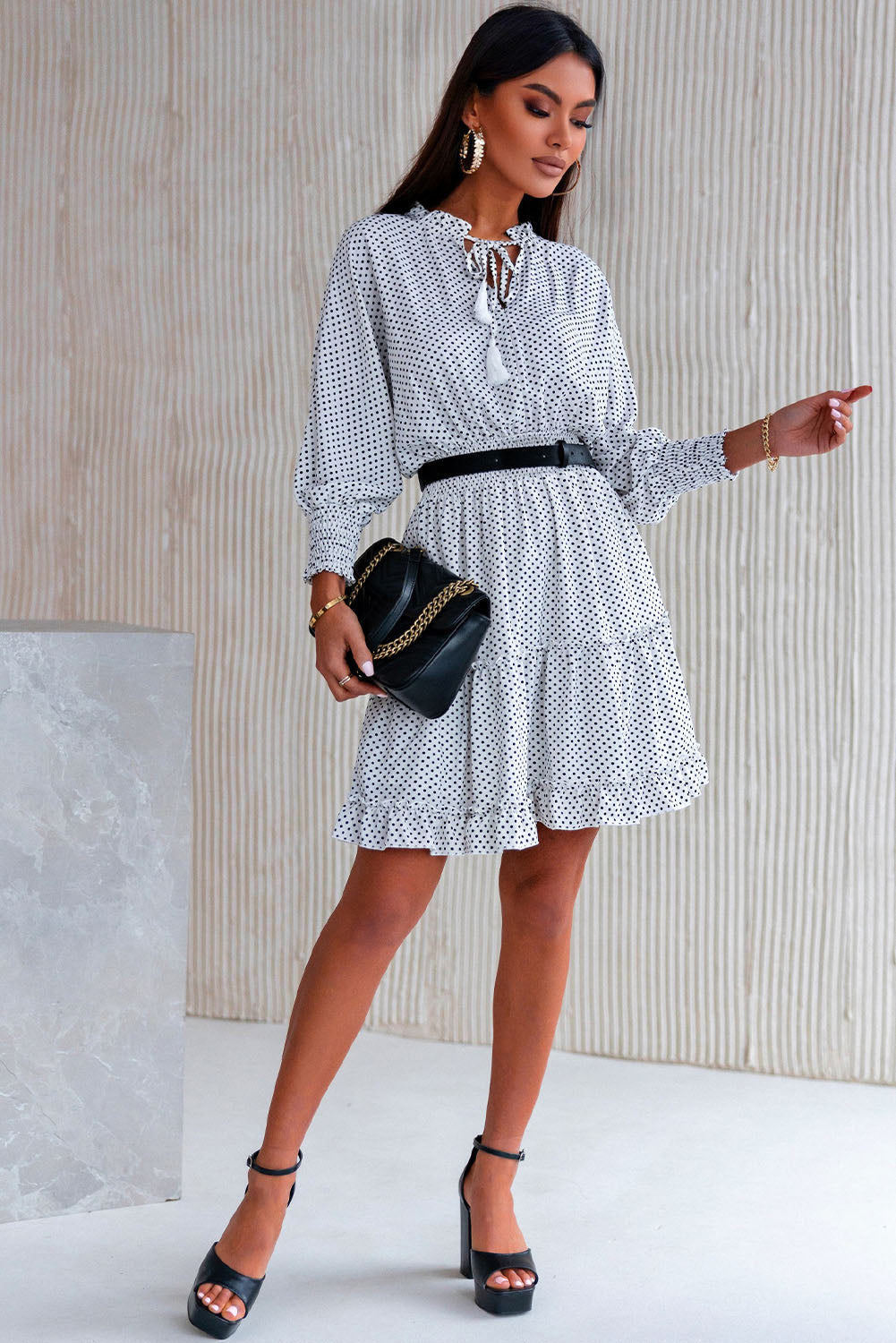 The Polka Dot Tassel Tie Ruffle Hem Dress