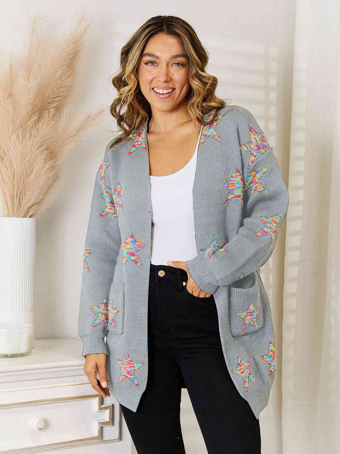 The Star Pattern Open Front Cardigan with Pockets