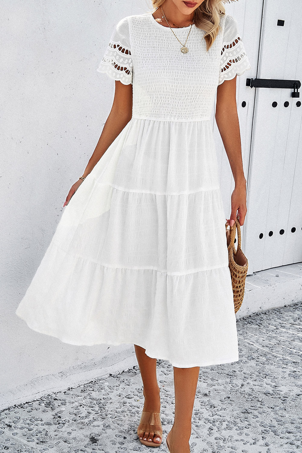 The Smocked Lace Detail Midi Dress