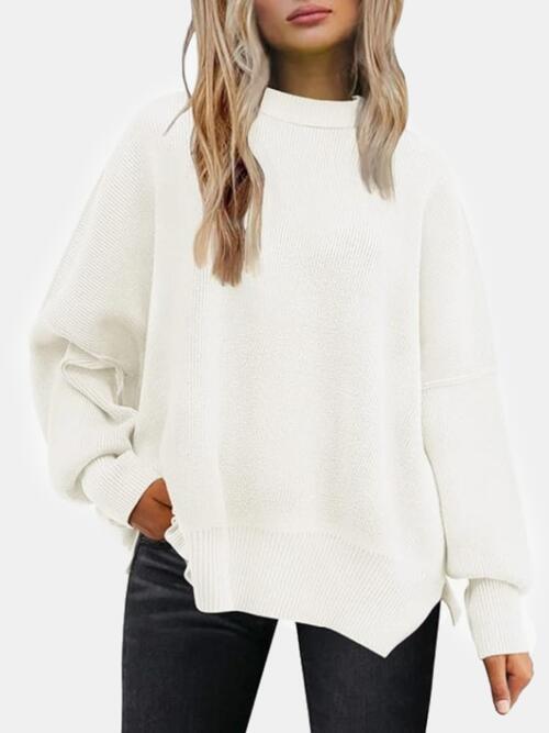 The Round Neck Drop Shoulder Slit Sweater