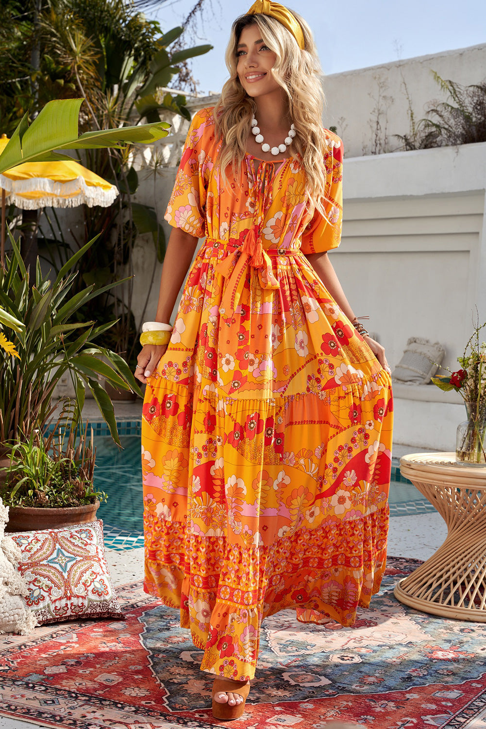 The Bohemian Tie-Waist Tiered Maxi Dress