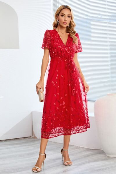 The Sequin Leaf Embroidery Tie Front Dress