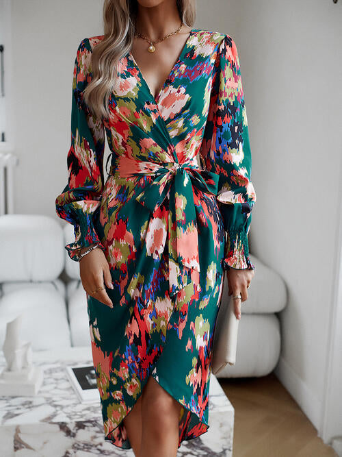 The Printed Tie Front Lantern Sleeve Dress