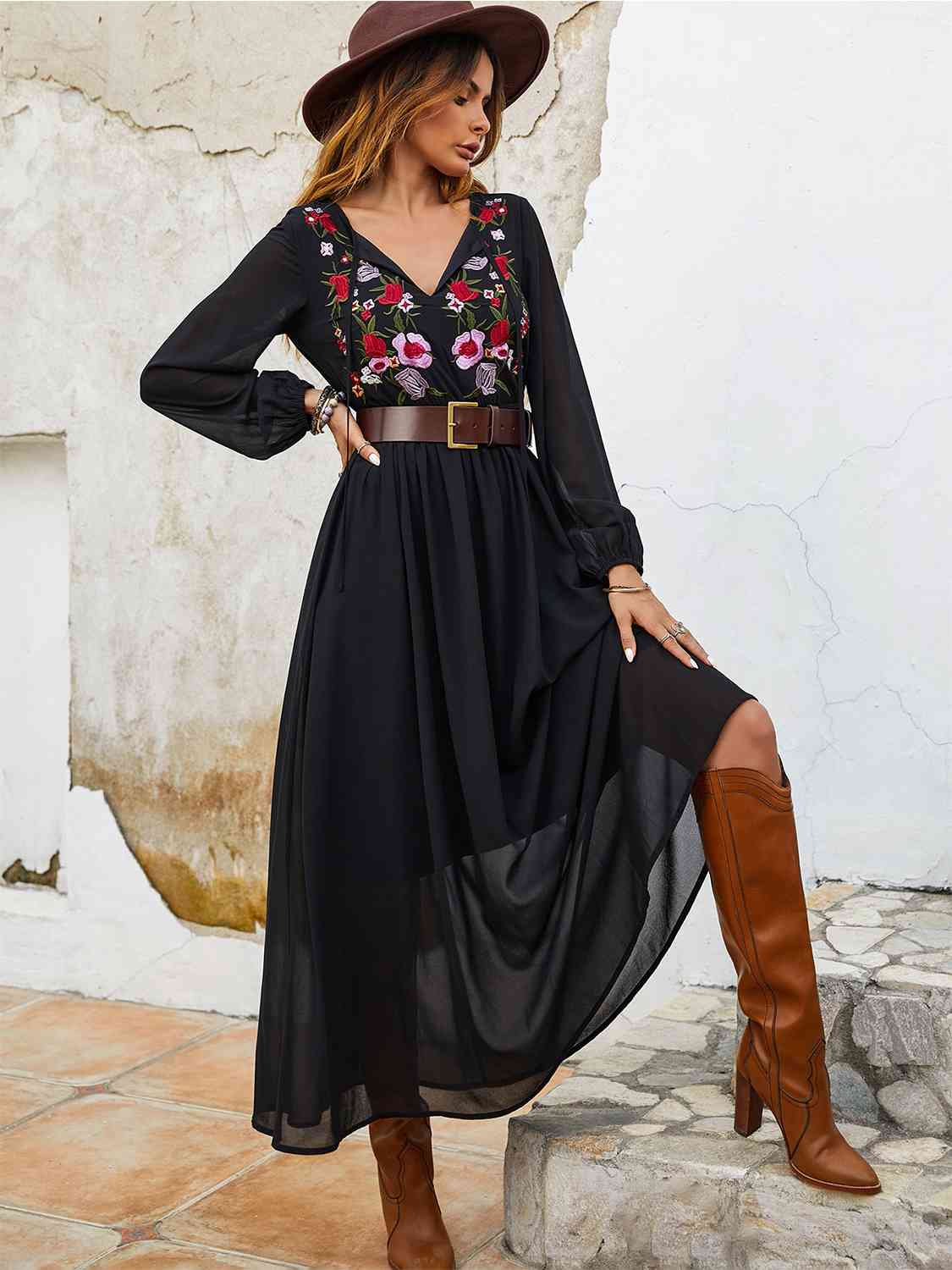 The Flower Tie Neck Balloon Sleeve Dress