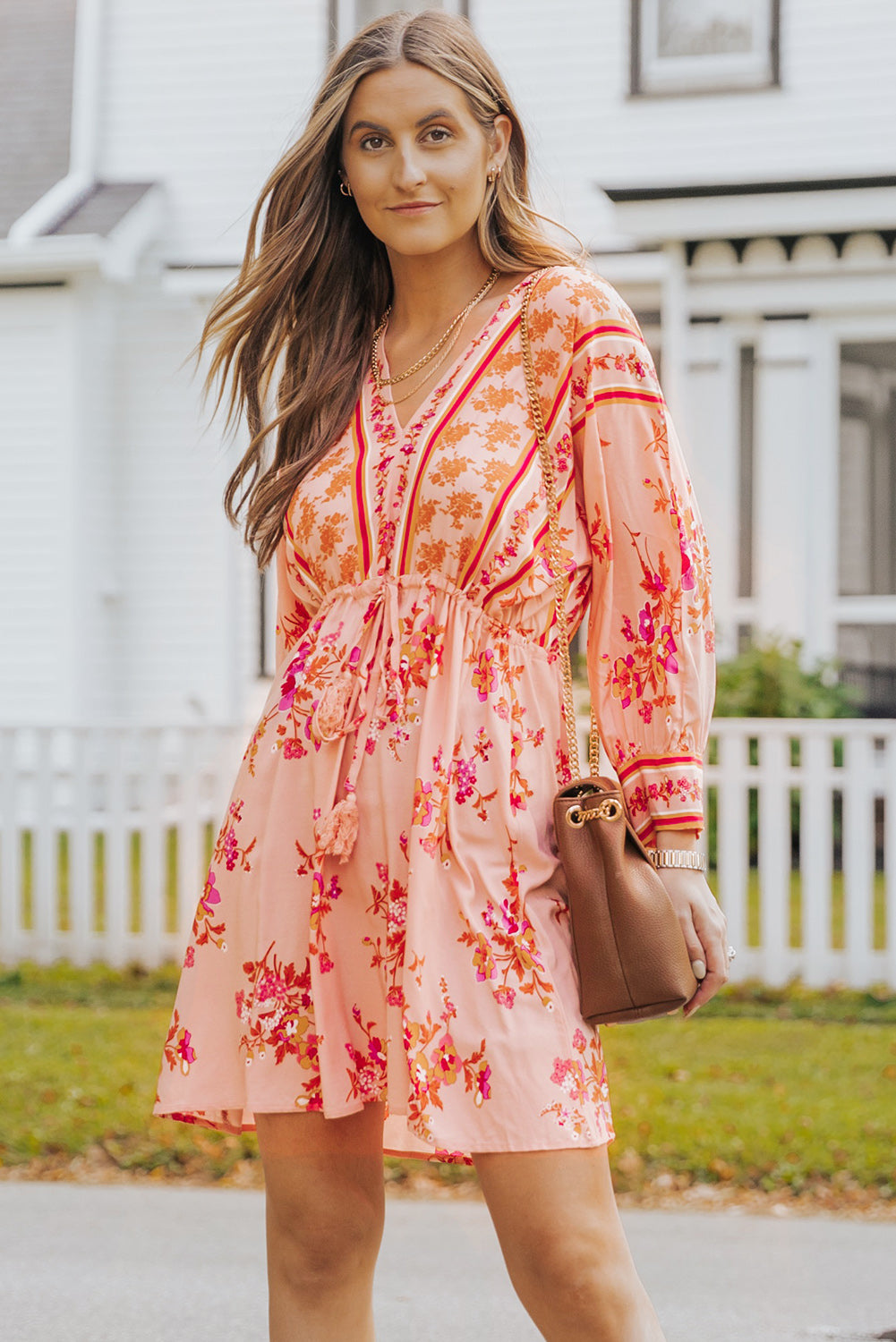 The Apricot Floral Tassel Tie Drawstring Waist Dress