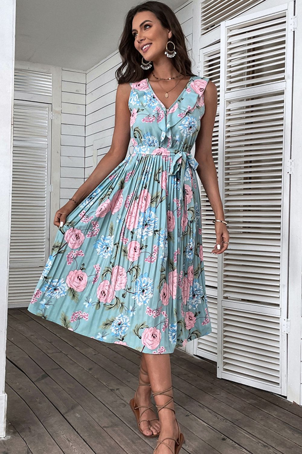 The Sky Blue & Pink Pleated Midi Dress