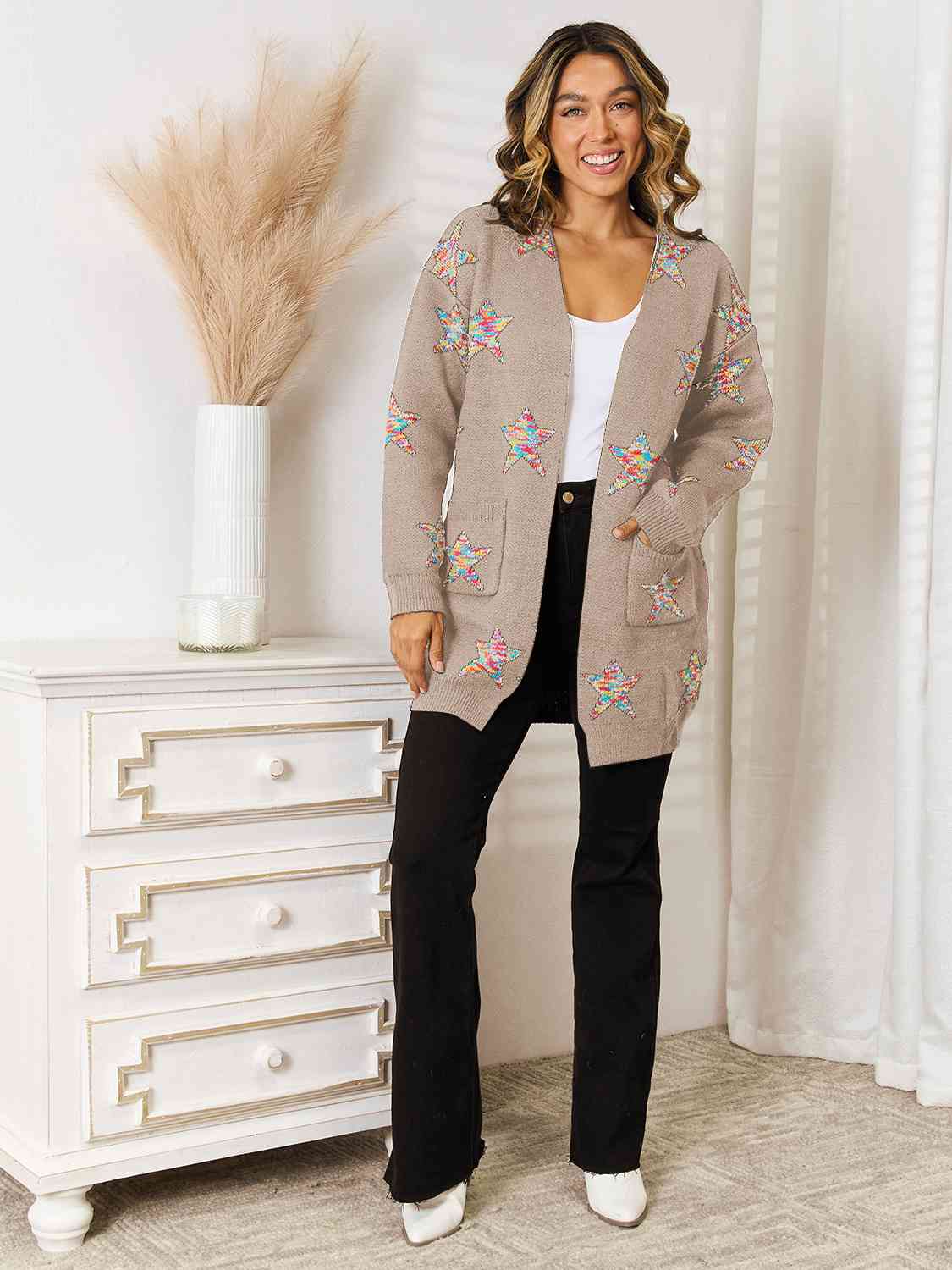 The Star Pattern Open Front Cardigan with Pockets