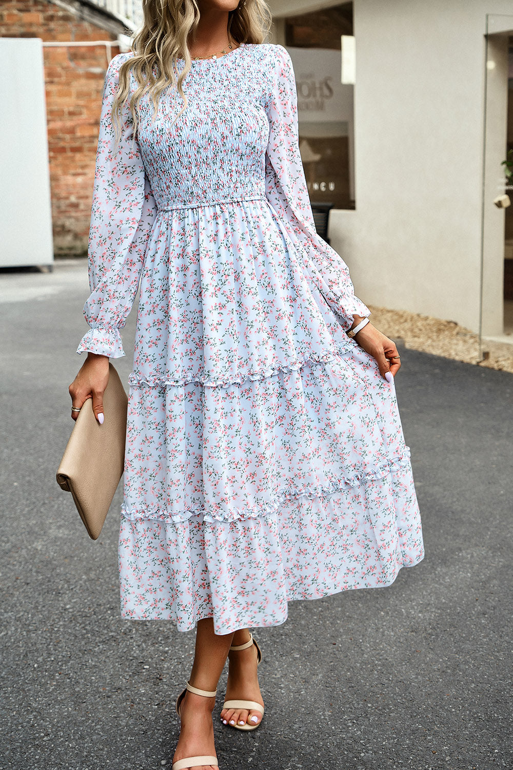 The Sweet Smocked Flounce Sleeve Midi Dress