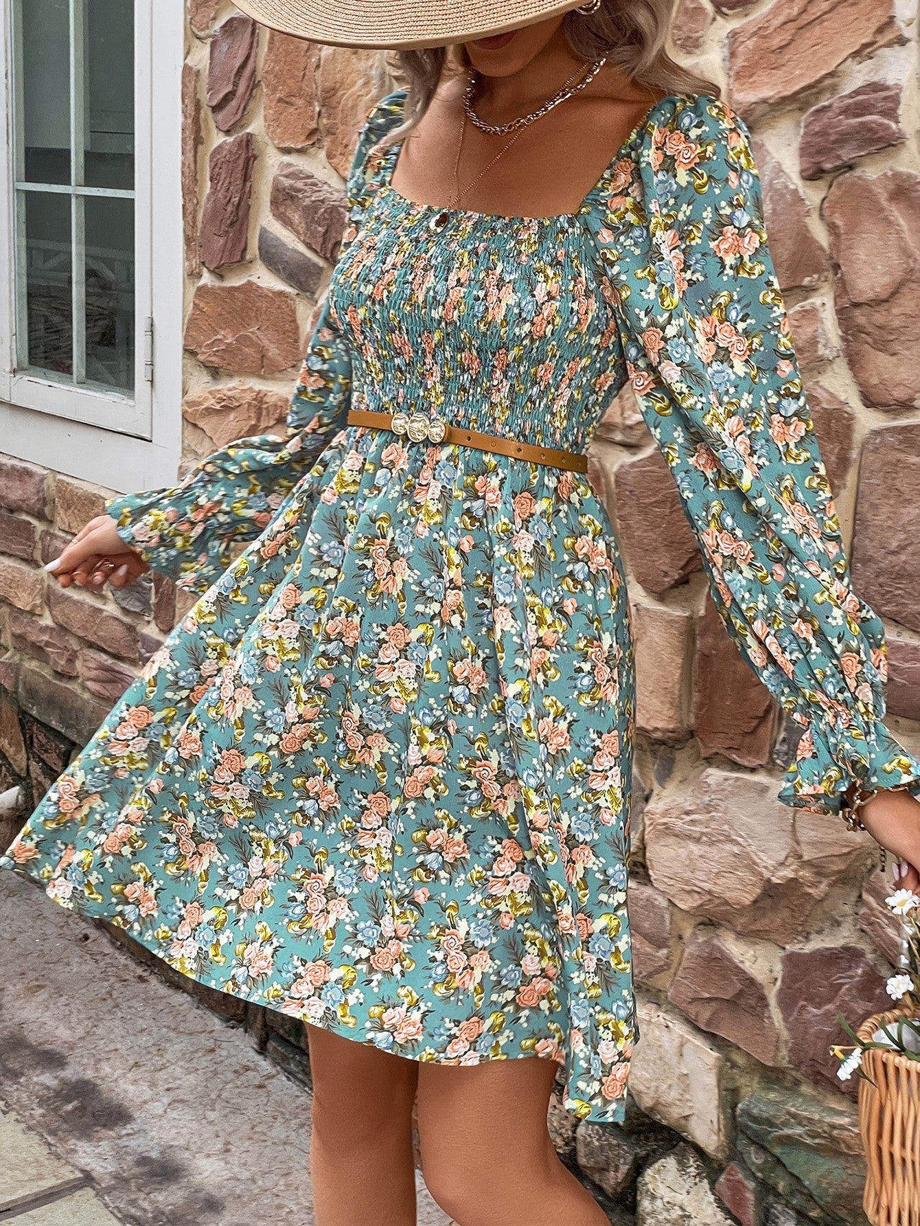 The Turquoise Floral Square Neck Dress