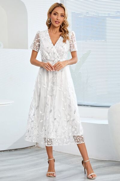 The Sequin Leaf Embroidery Tie Front Dress