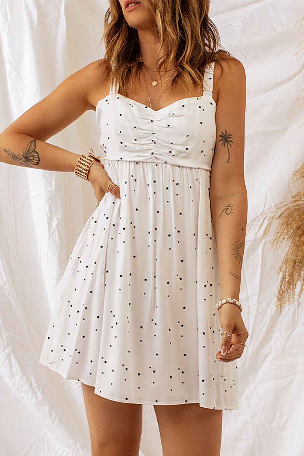 The Star Print Ruched Sleeveless Dress