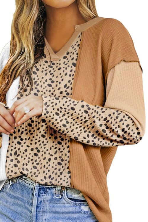 The Color Block Leopard Notched Blouse