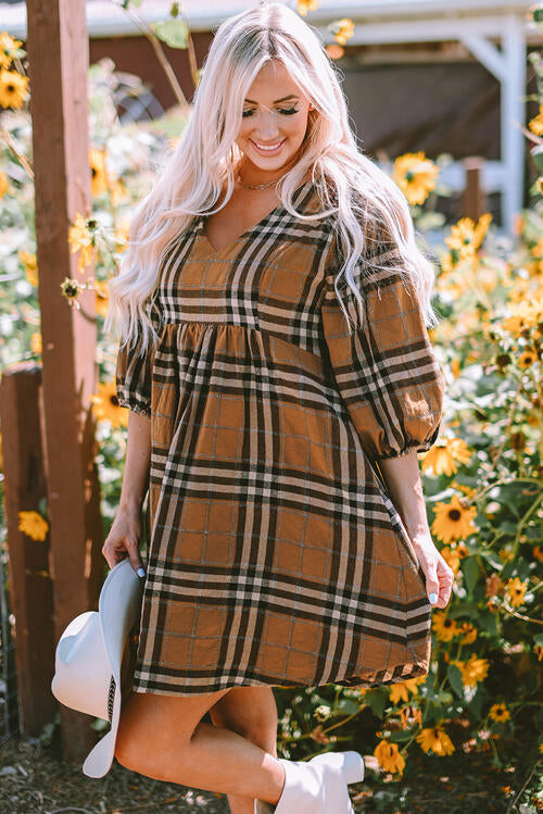 The Give Thanks Plaid Balloon Sleeve Dress