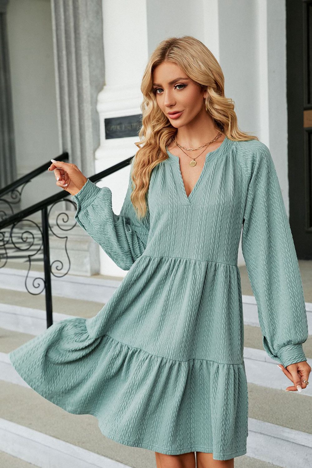 The Notched Neck Long Sleeve Mini Dress