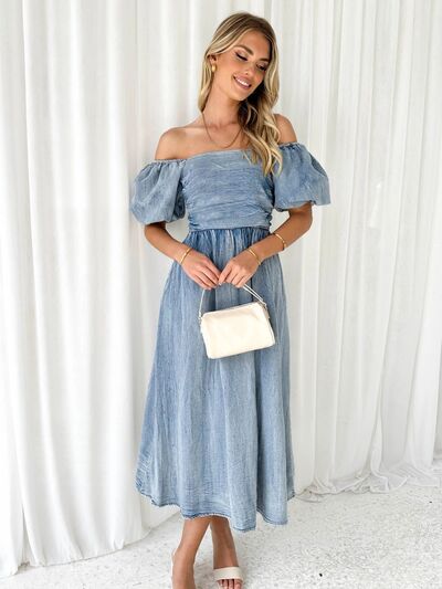 The Off-Shoulder Balloon Sleeve Denim Dress