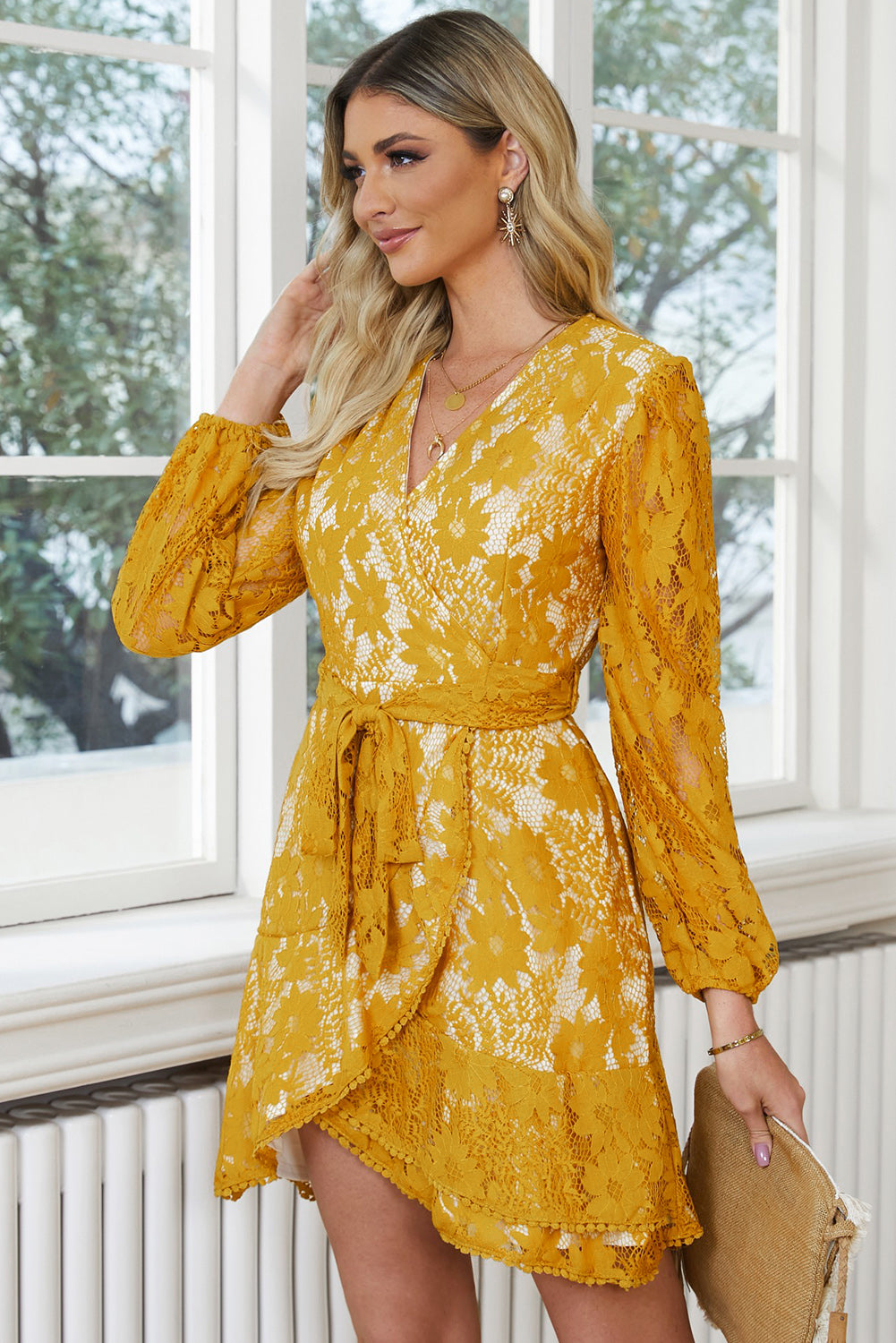 The Beautiful Banana Yellow Belted Lace Dress