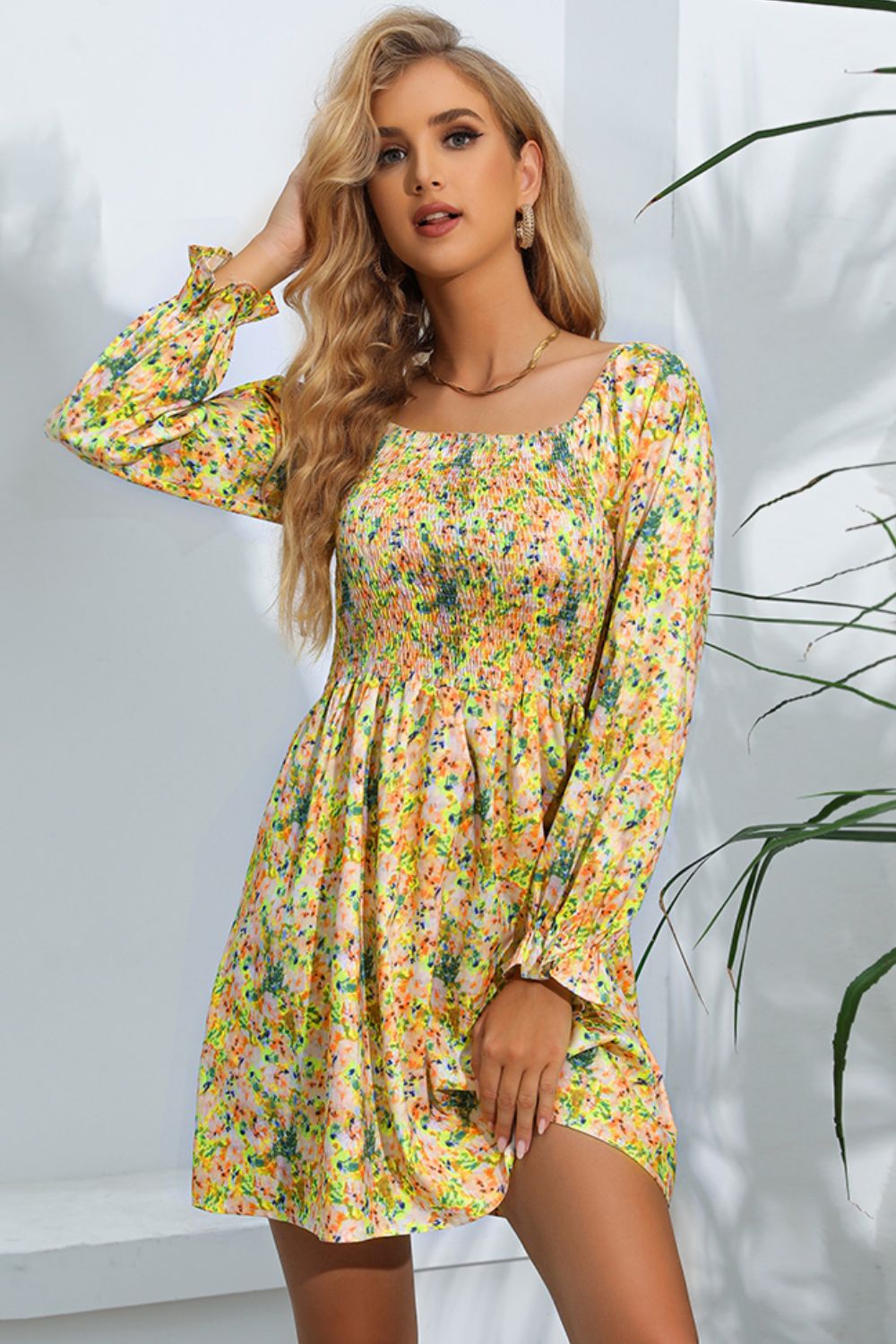 The Fresh Floral Smocked Square Neck Dress