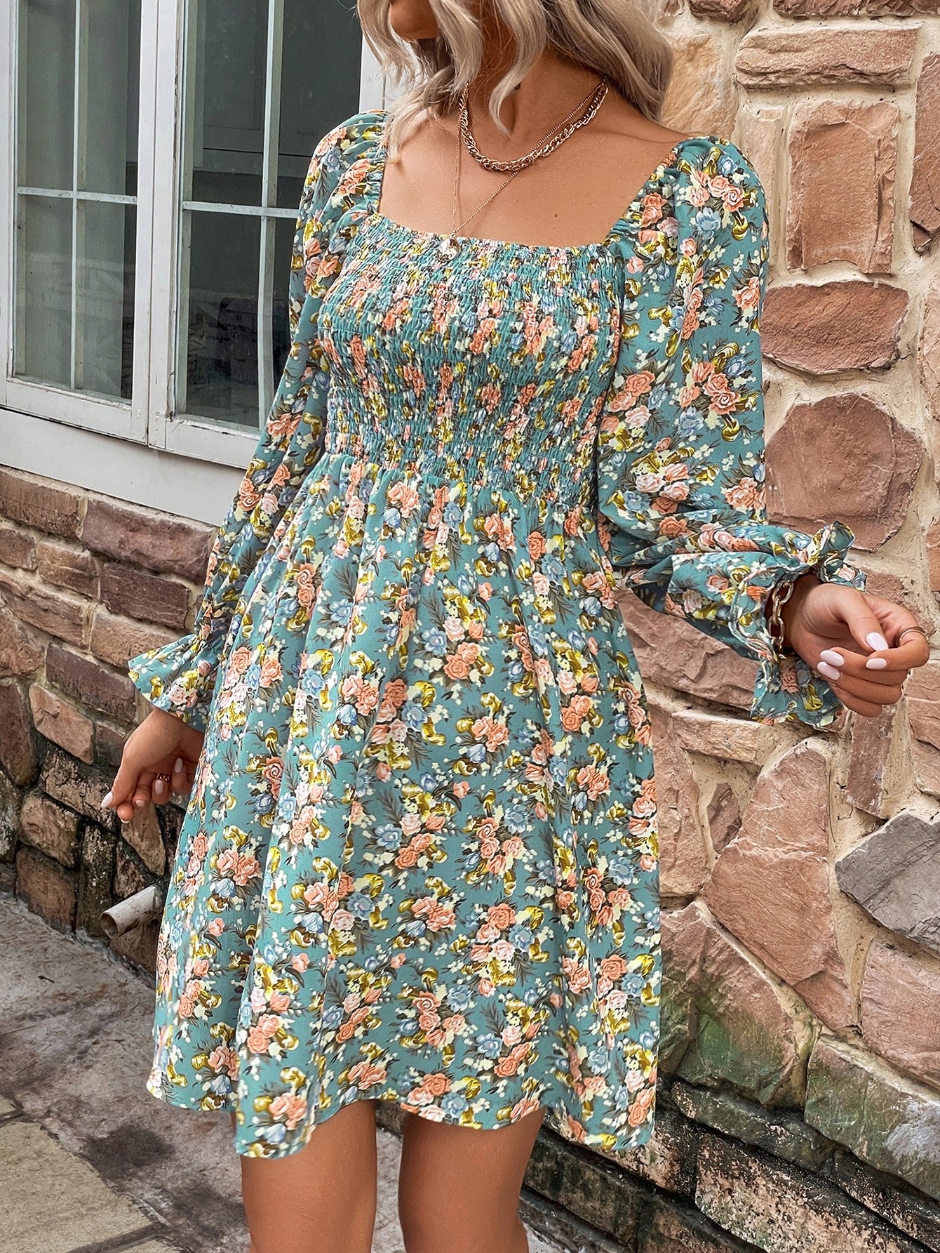 The Turquoise Floral Square Neck Dress