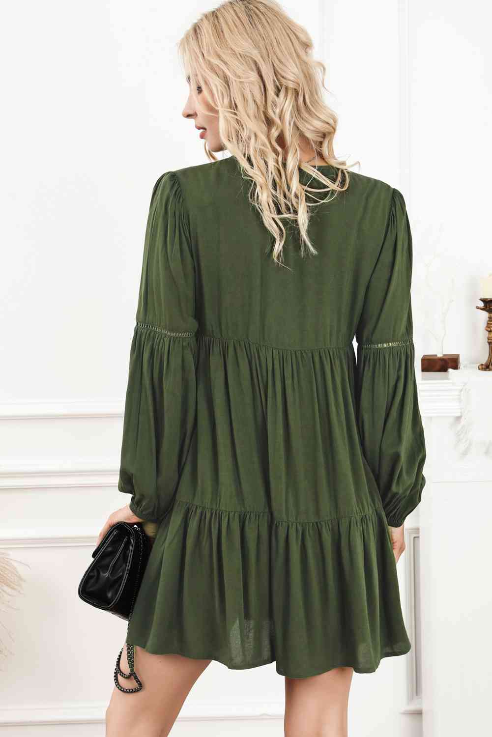 Tie Neck Long Sleeve Tiered Dress