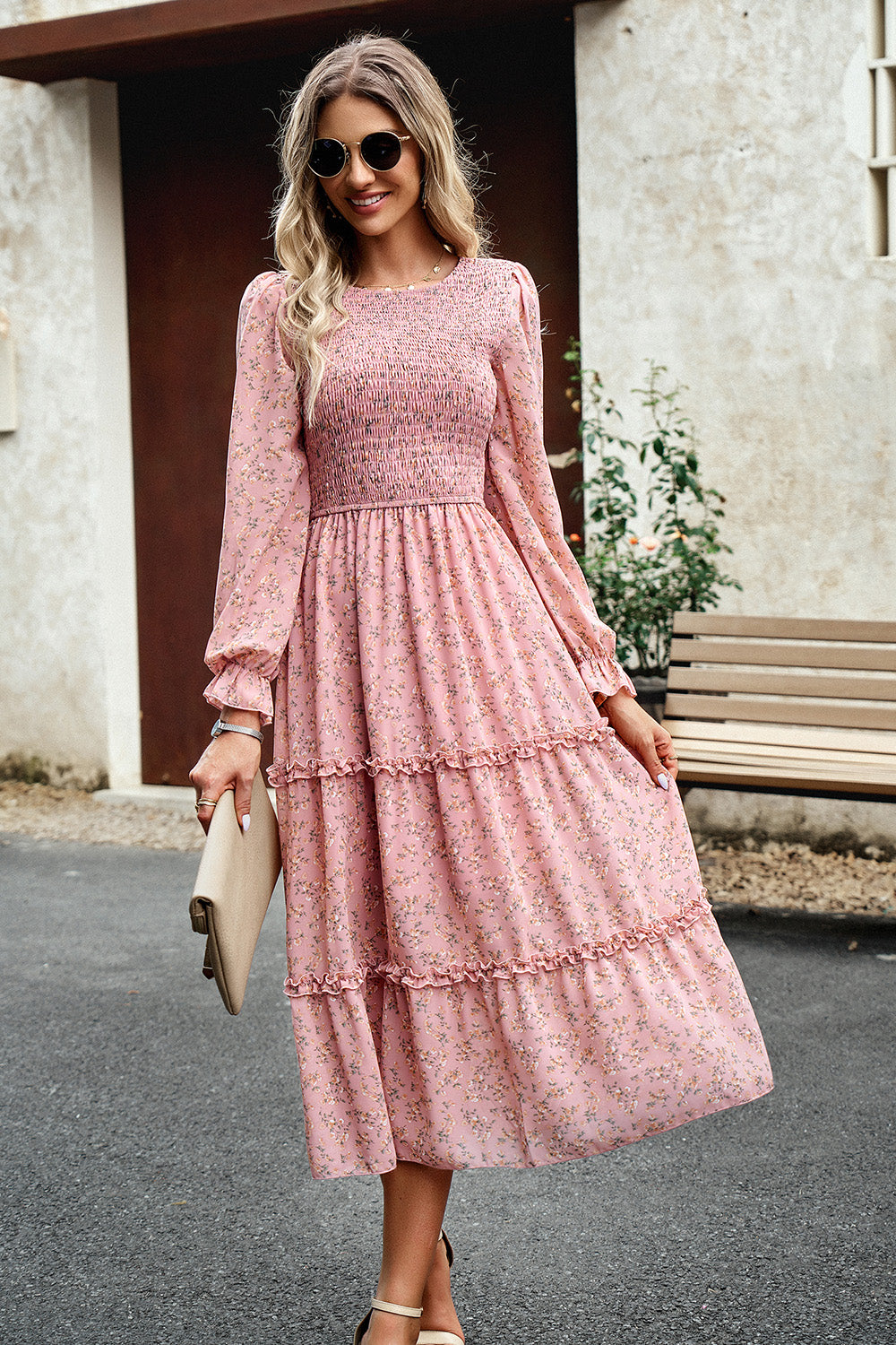 The Sweet Smocked Flounce Sleeve Midi Dress