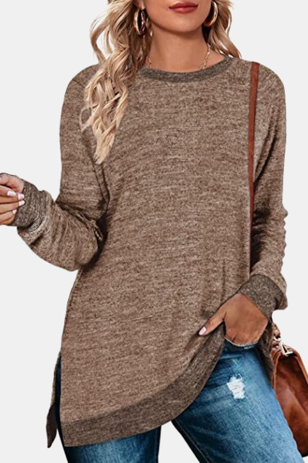 The Round Neck Long Sleeve Slit Sweatshirt