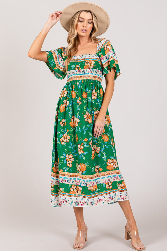 The SAGE + FIG Printed Smocked Short Sleeve Midi Dress