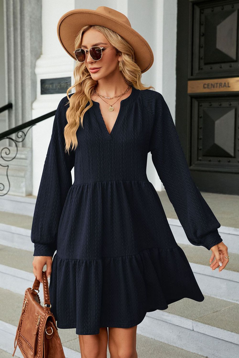 The Notched Neck Long Sleeve Mini Dress