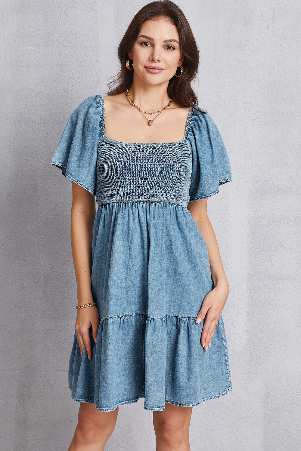 The Smocked Square Neck Mini Denim Dress